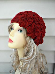 This gorgeous hat made with burgundy color acrylic yarn but you have more colors to choose from. Only thing with burgundy yarn is not as soft as most of the yarn. You can choose:1 flower,  2 flowers. 3 flowers.  This hat best fits an average adult and teen head of 22" in circumference. We can easily customize it to fit other sizes as well!  If you need different size please leave a note at the check out what size. If you are interested in an item but would prefer a different size or color  feel Girls Beanie Hats, Hats Crochet, Hippie Headbands, Girls Winter Hats, Crochet Bandana, Womens Hats, Womens Crochet Patterns, Crochet Headband Pattern, Crochet Hair Accessories