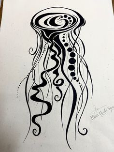 a black and white drawing of a jellyfish with swirls on it's head