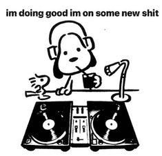 a cartoon dog with headphones on sitting at a record player's turntable