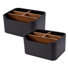 two black plastic containers with wooden dividers