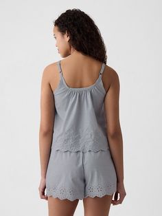 Eyelet Poplin PJ Tank Top Gap Cotton Tops For Summer, Gap Cotton Sleepwear For Pajama Party, Spring Cotton Tank Top By Gap, Summer Cotton Tops For Pajama Party, Cotton Sleeveless Camisole For Pajama Party, Gap Cotton Tank Top For Summer, Cotton Camisole For Summer Sleepwear, Gap Summer Cami Tank Top, Cotton Sleeveless Sleep Tank Top