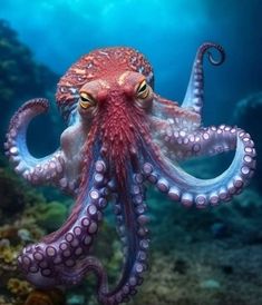 an octopus is swimming in the ocean with its eyes open and it's head turned to the side