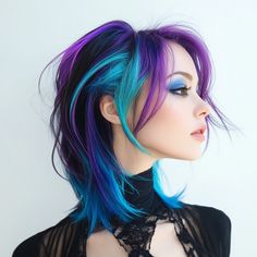 20 Creative Blue and Purple Hair Ideas - Hair Guru Purple Highlight Hair, Purple Hair Shades, Pink And Blue Highlights, Purple Hair Ideas, Blue And Purple Hair, Hair Colour Design, Wig Care, Galaxy Hair, Cute Hair Colors