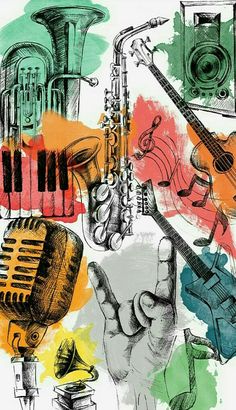 a drawing of musical instruments and microphones