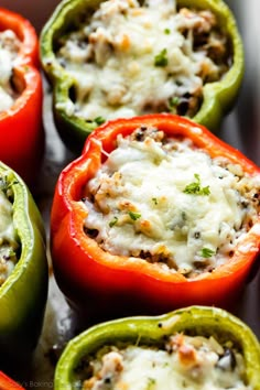 stuffed peppers with cheese and herbs on top