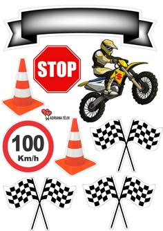 a motorcyclist is jumping over the checkered flags and signs in front of him