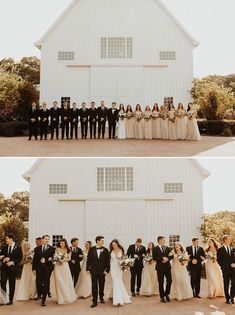 the wedding party is posing for pictures in front of the barn