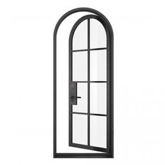 an arched window with glass and metal frame