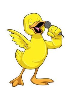 a yellow duck singing into a microphone and holding it's hand up in the air