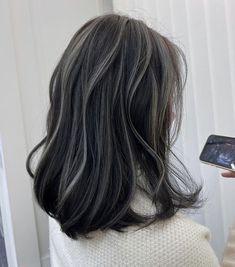 Short Hairstyle From The Back, White Highlights With Black Hair, Korean Black Hair With Highlights, Straight Coloured Hair, Hair Colour Ideas Korean, Korean Hair Color Highlight, Hair Colored Streaks, Hair Color Streaks For Black Hair, Korean Highlights Hair