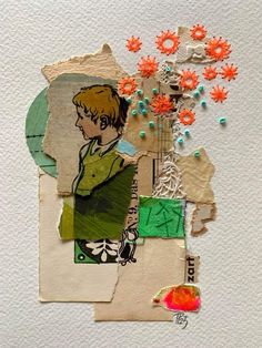 an altered collage with flowers and other things on the paper, including some scissors