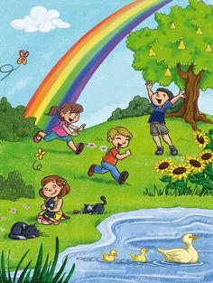 children playing in the grass near a pond with a rainbow and sunflowers behind them