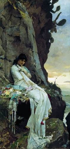 a painting of a woman sitting on top of a cliff