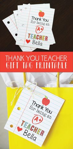 thank you teacher gift tag printables on a yellow paper bag with red ribbon