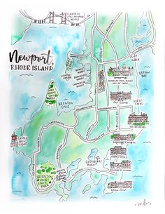 a watercolor map of newport, rhode island with the words newport written on it