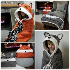 Bulky & Quick Fox/Wolf Blanket Crochet pattern by MJsOffTheHook Hooded Blanket Pattern, Crochet Hooded Blanket, Crocheted Fox, Wolf Blanket, Fox Blanket, Crochet Hood, Bernat Baby Blanket, Popular Crochet, Crochet For Beginners Blanket