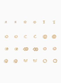 It's the little details that count! Add any of these gold-tone and pink stone stud earrings to your look for a shimmery touch. Set of 12. Post backs. Base metals. Imported . The best plus size women's gold-tone rhinestone earrings set - of 12 sets in blush. Torrid is your destination for the freshest spring and summer styles. Stone Stud Earrings, Crescent Earrings, Gold Polka Dots, Hoop Earring Sets, Summer Styles, Stone Studs, Heart With Arrow, Black Rhinestone, Pink Stone