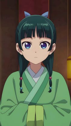 an anime character with long hair and blue eyes wearing a green kimono looking at the camera