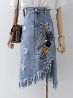 Mongw Autumn New Korean High Waist Denim Skirt Women's Embroidered Blossom Midlength Tassels and Broken Hole Irregular Skirt High Waist Denim Skirt, Flower Jeans, Irregular Skirt, High Waisted Denim Skirt, Denim Skirt Outfits, Nature Dress, Denim Ideas, Denim Skirt Women, High Waist Denim