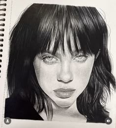 a pencil drawing of a woman's face with bangs