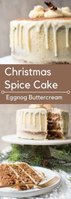 christmas spice cake with eggnog buttercream frosting on a white plate