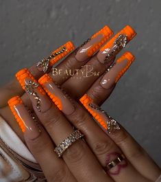 Orange Press On Nails, Neon Powder Nails Designs, Long Orange Nails, Neon Orange Nail Designs, Leo Inspired Nails, Crocodile Nails, Camouflage Nails, Neon Orange Nails, Orange Acrylic Nails