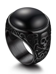 PRICES MAY VARY. 🖤 Original Bandmax Design 🖤 18MM round-cut black onyx inserted, polished and smooth surface, definitely charming and eye-catching. The band is well-crafted with beautiful vintage pattern and skull crossbone symbol on the both sides, a cool stylish signet ring for men. 🖤 Top Quality Material 🖤 Make with 100% 316L stainless steel, high durability and stability, last color-retention, no Green Finger, smooth inner band, comfortable to wear. 🖤 Dimension & Size 🖤 Black onyx: 18m Amazon Men Rings, Black Onyx Men Ring, Mens Onyx Ring, Goth Wedding Rings Men, Men’s Rings, Black Onyx Ring Men, Goth Wedding Ring, Black Skull Ring, Onyx Rings