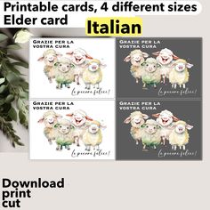 three cards with sheep on them and the text, printable cards 4 different sizes italian