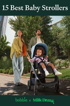 the bugaboo dragonfly stroller is shown with two adults and one child