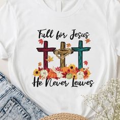 Fall For Jesus He Never Leaves, Jesus, Cross Tee Discover Our Latest Gildan 5000 T-Shirt Collection, Designed For Exceptional Style, Versatility, And Comfort! Available In Sizes From S To 3xl And Featuring A Wide Range Of Vibrant Colors Such As Black, White, Sand, Green, Sport Grey, Red, Navy, And More, There’s A Perfect Fit For Everyone. Crafted From High-Quality Materials, These T-Shirts Provide A Soft, Premium Feel And Ensure All-Day Comfort. Built To Last, They Maintain Their Shape And Color Fall For Jesus He Never Leaves, Leaves Shirt, Fall For Jesus, Digital Ideas, Blessed Shirt, Cross Christian, Jesus Cross, Jesus Tshirts, Christian Tees