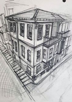 a drawing of a house with stairs leading up to the second story and another building in the background