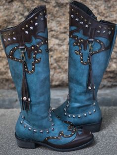 Blue Blue Boots For Western-themed Fall Events, Western Turquoise Boots For Fall, Blue Western Style Boots For Ranch, Blue Western Boots For Ranch, Blue Snip Toe Boots For Rodeo, Western Style Blue Boots For Ranch, Blue Western Boots For Western-themed Events, Western Moto Boots With Rivets For Fall, Western Style Boots With Rivets For Fall