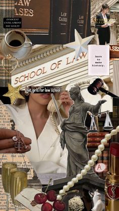 collage of images including lady justice and law