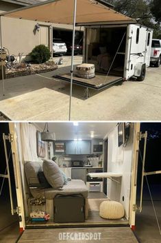 the inside and outside of an rv that is being used as a camper trailer