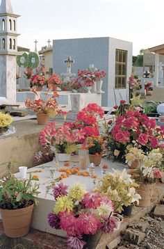 colorful flowers are arranged in pots on the side of a building with a steeple behind them