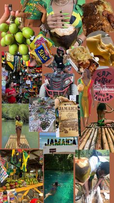 a collage of pictures with different people and food items in them, including bananas, limes, apples, watermelon