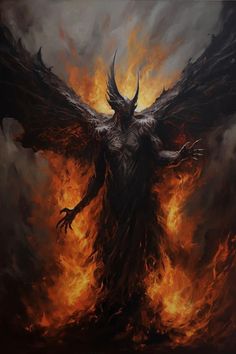 a painting of a demon standing in flames