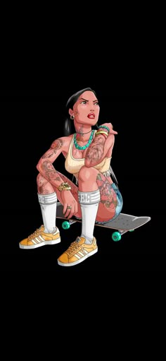 a woman sitting on top of a skateboard