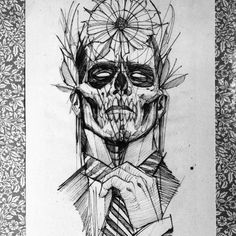 a black and white drawing of a skull wearing a suit with flowers on his head