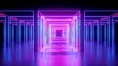 an empty room with neon lights in the middle and one light at the end that is pink