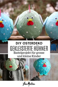 some kind of stuffed animals that are sitting on a rail with the words diy osterdko geklersteite hummer