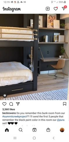 an instagramted photo of a bunk bed with built in desks and bookshelves