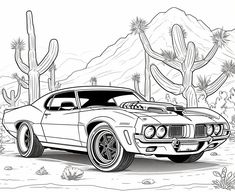 an old muscle car in the desert with cactus trees and cacti behind it