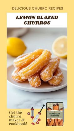 lemon glazed churros on a white plate