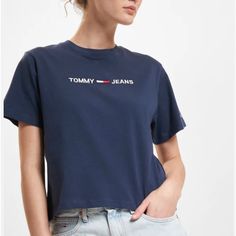 Questions? Leave A Comment Below! Oversized Never Worn Jeans Crop Top, Crop Top With Jeans, Crop Top Shirt, Tommy Hilfiger Tops, Crop Top Shirts, Shirt Color, Red Blue