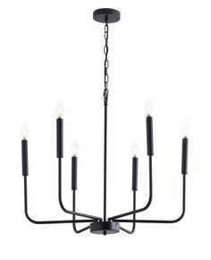 a black chandelier with eight lights hanging from the ceiling