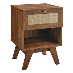 a wooden night stand with an open drawer on one side and a wicker basket on the other