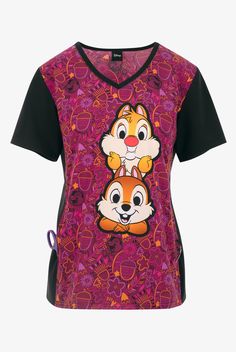 Tooniforms Disney s Chip N Dale Nuts For Nuts Women s 1-Pocket STRETCH V-Neck Print Scrub Top • Modern classic fit • Contrast V-neck • 1 front kangaroo pocket • Short contrast sleeve • Contrast side panels • Features Disney s mischievous Chip and Dale on a wine background of acorn and flower outlines • Approximate length for size M is 27 1 4 • Manufacturer style TF677-CDNN Made with a sustainable poly-spandex blend, our Tooniforms scrubs are the perfect silky and stretchy background for your fav Wine Background, Fun Scrubs, Black Friday In July, Koi Scrubs, Chip N Dale, Uniform Advantage, Future Job, Flower Outline, Scrub Jackets