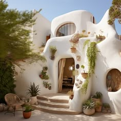 a white house with potted plants on the outside and steps leading up to it