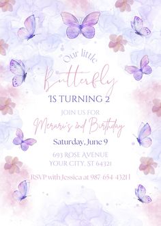 a watercolor butterfly birthday party card with purple and pink butterflies on the front, white background